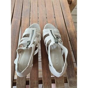 Lauren Ralph Lauren Womens Beige Canvas‎ Espadrille Wedge Sandals Zip Size 7
